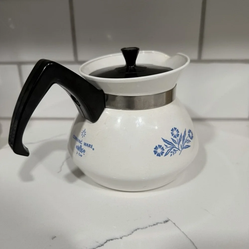 1960s Vintage Corningware Back stamp Blue Cornflower 3 Cup Teapot w/ Lid.